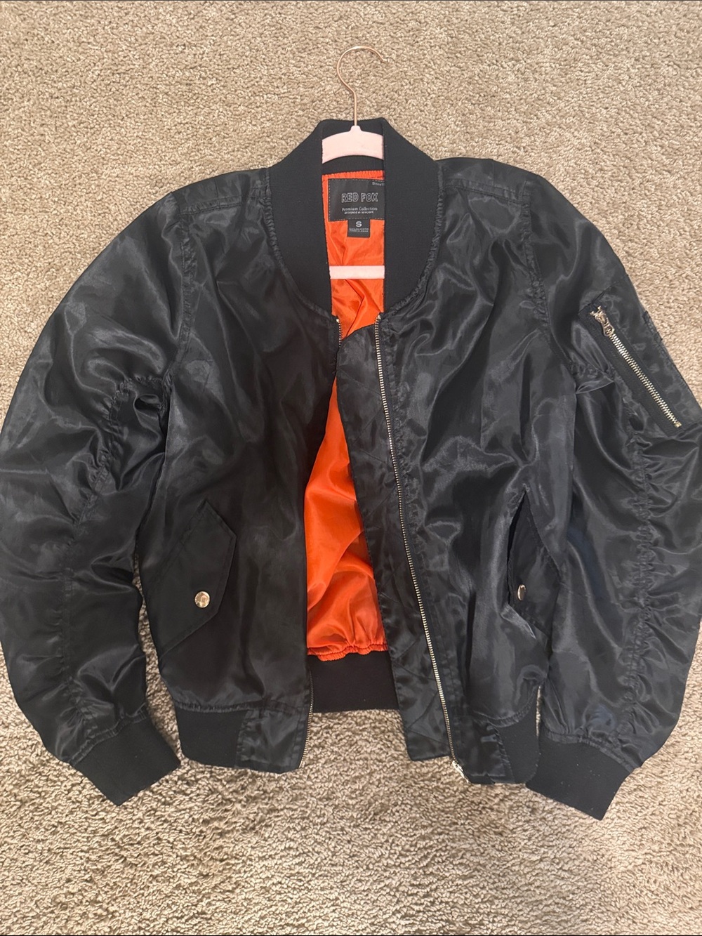 Red Fox Black Satin Bomber Jacket Size Small